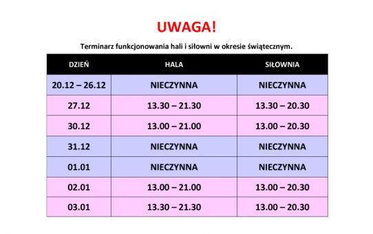 Hala i siłownie w okresie świątecznym.